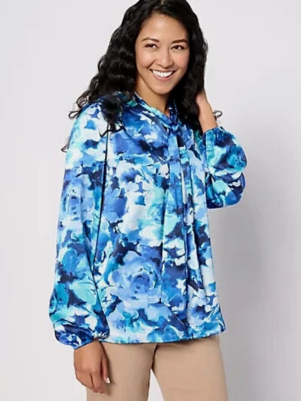 Isaac Mizrahi Live Printed Stretch Sateen Blouse w/ Detachable Bow Blue Size 8